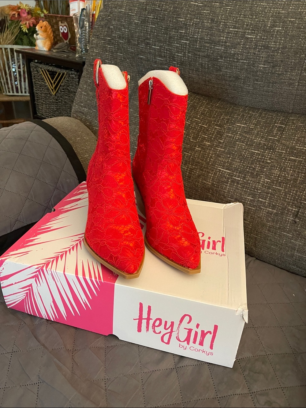 Corkys Red Floral Lace Pointed Boots, size 9